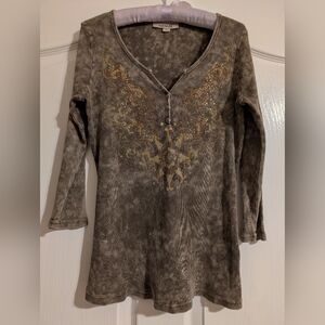 Bronze Embellishments Army Green Washed Look Ribbed Top